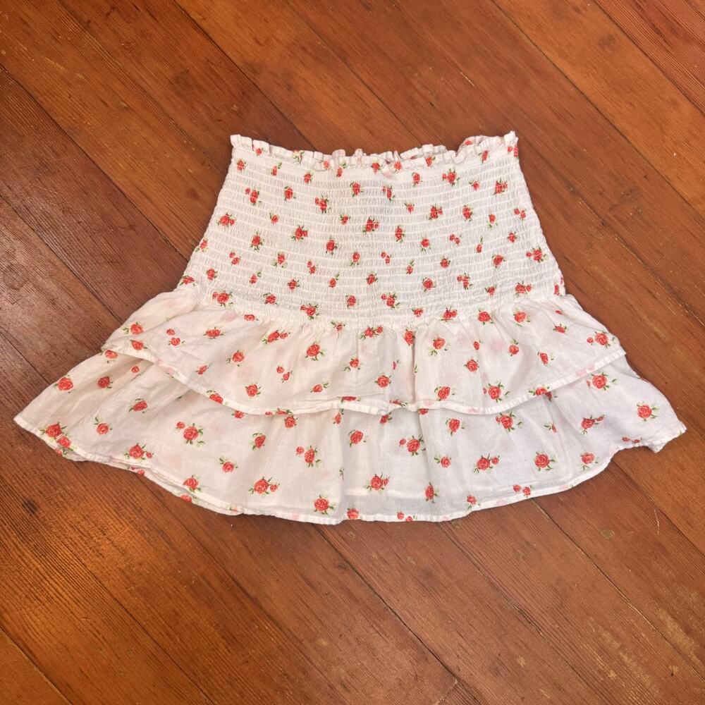 Y2K White Rose Print Tiered Mini Skirt Smocked Indie Fairy XS